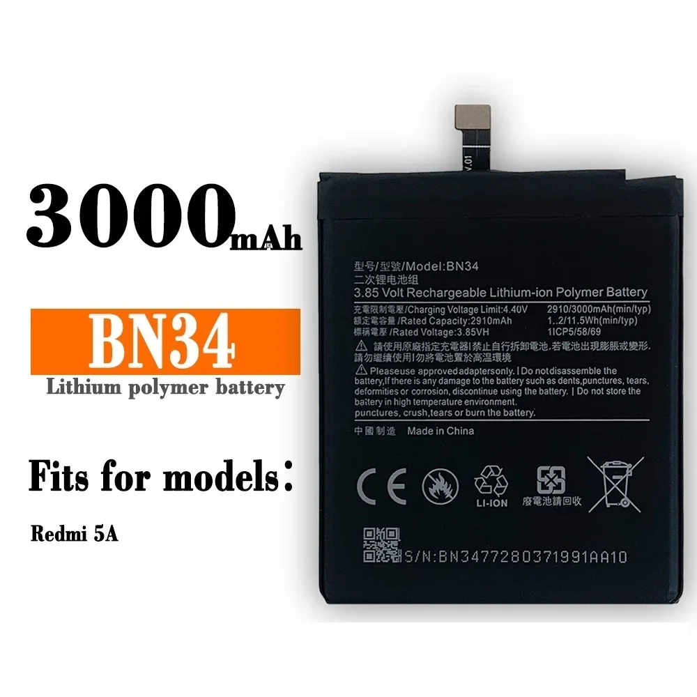 

Latest Phone Battery BN34 For Xiaomi Redmi 5A 5.0" Replacement Internal Battery Real Capacity 3000mAh Li-ion Batteries