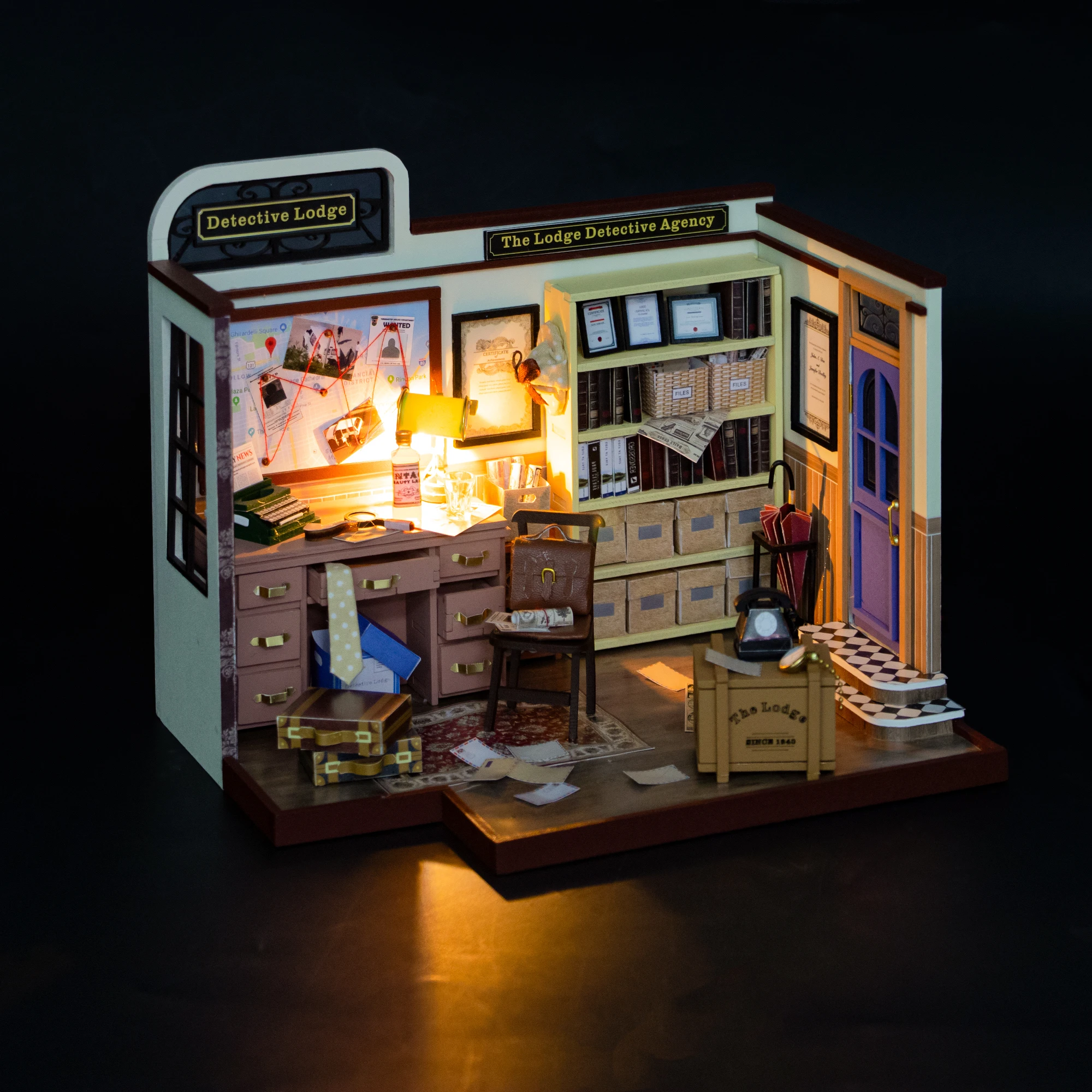 DIY Kit Modelo Miniatura de Madeira, Detective Agency of Lodge Casa, 3D Puzzle Dollhouse com Móveis, Decoração para Amigos, Presentes