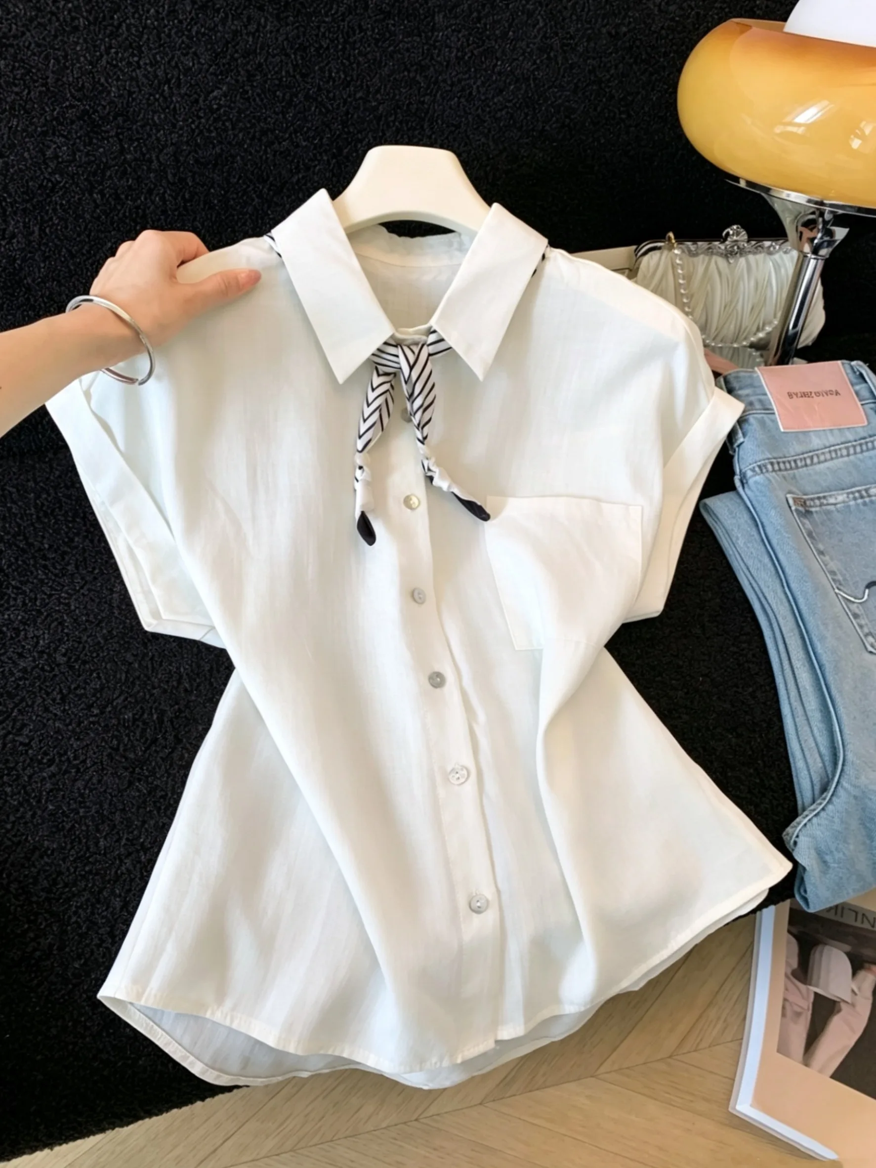 

White Collar Silk Scarf Short Sleeve Casual Loose Women's Shirt Summer 2026 New Style Slimming Top Skin-friendly Breathable