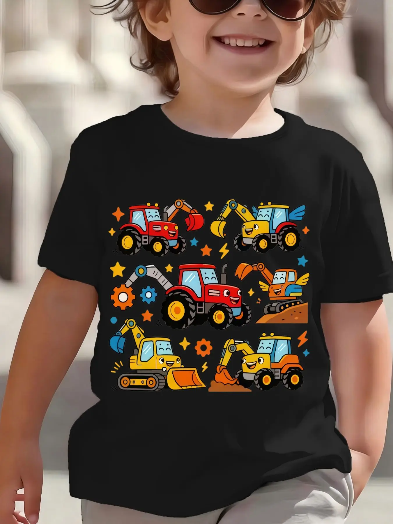 Kids Boys Girls Parent Child Matching Tee Excavator Truck Print Short Sleeve Crew Neck Soft Casual Family Daily Party Wear Tee