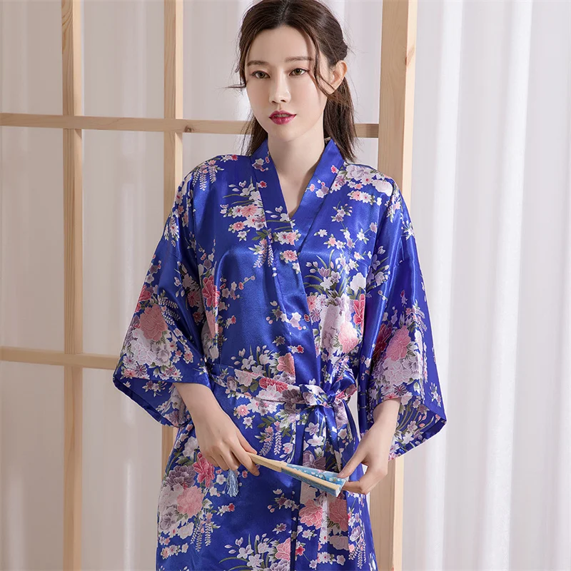 Japonský kimono dámská klasický talár sexy potištěné hedvábí imitace noční košile pyžamo svetr talár dlouhé ležérní župan loungewear