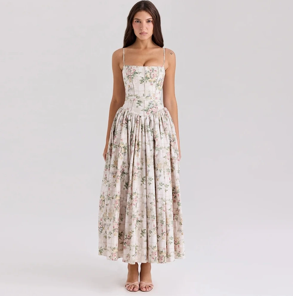 여성용 여름 의류 미디 우아한 드레스 신상품 화이트 플로럴 프린트 휴가용 드레스