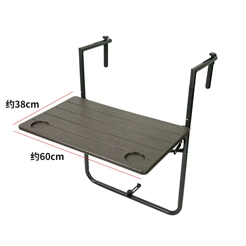 Outdoor Wrought Iron Balcony Railing with Hanging Table Folding Table Railing Adjustable Height Plastic Square Tabletop