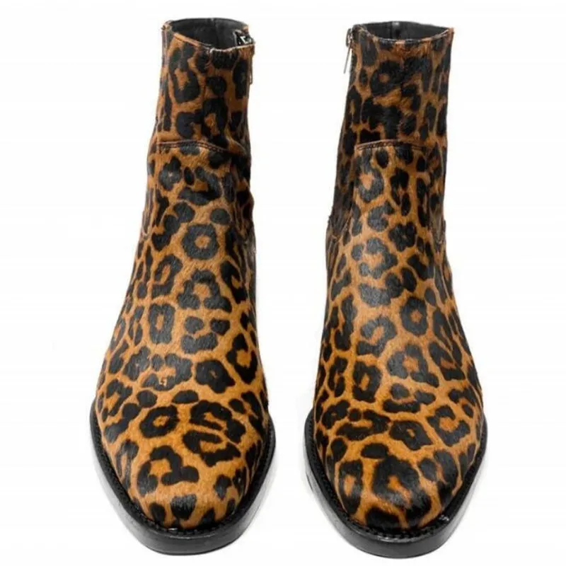 Brown Leopard Print Genuine Leather Mens Ankle Boots Fashion High top Zipper Boots Men Shoes Hombre Sapatos Big Size 38-46