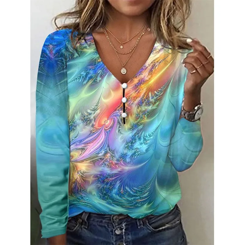 

Fashion Starry Sky Tie Dye Long Sleeved T-Shirt Women's Casual V-Neck Button Autumn Casual Street Tees For Female Streetwear Top