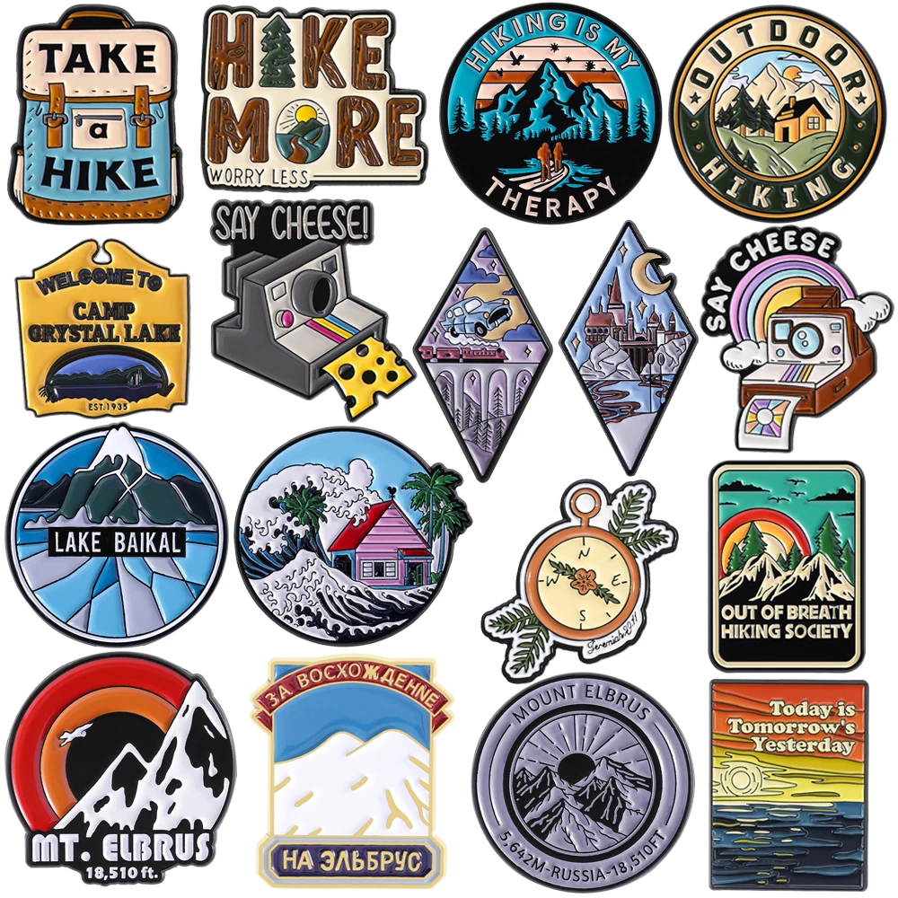 Creative Hiking Travel Metal Brooches Lapel Pins Backpack Outdoor Scenery Mountain HIKE MORE Camera Compass Badge Jewelry Gift