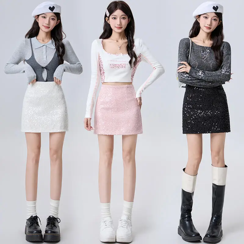 Women Skirt Mini High Waist Solid Color Korean Fashion Elegant Versatile Sparkling Small Fragrant Style Autumn Winter Hip Skirt