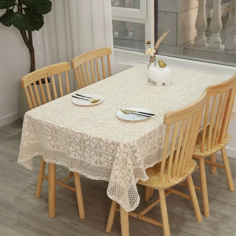 Off White Tablecloth Gardenia Hollow Out Knitted Large Table Cloth Lace Cotton hemp Round Table Cover Background Decor Cloth