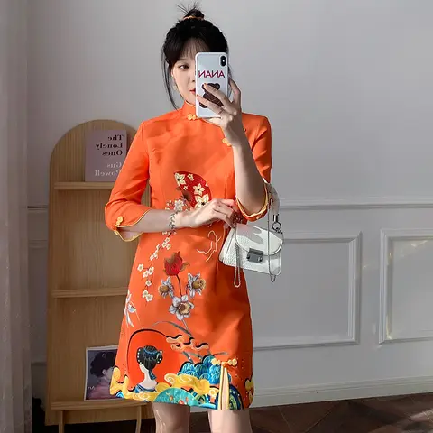 자세히 둘러보기 치파오 우아한 A 라인 원피스 치파오, 중국 클래식 여성 치파오 소매, 섹시한 웨딩 이브닝, 현대 중국 원피스
