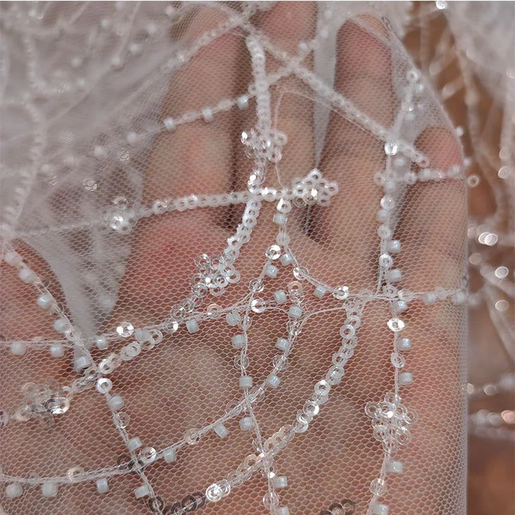 White Sequin Chain Tulle Mesh Wedding Dress Headdress DIY Lace Fabric