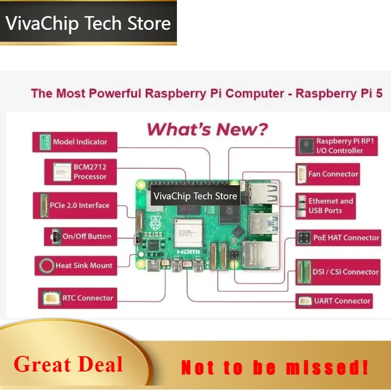 VivaCTOriginal Raspberry Pi 5 Single Board Computer Model Pi5 4GB/8GB/16GB