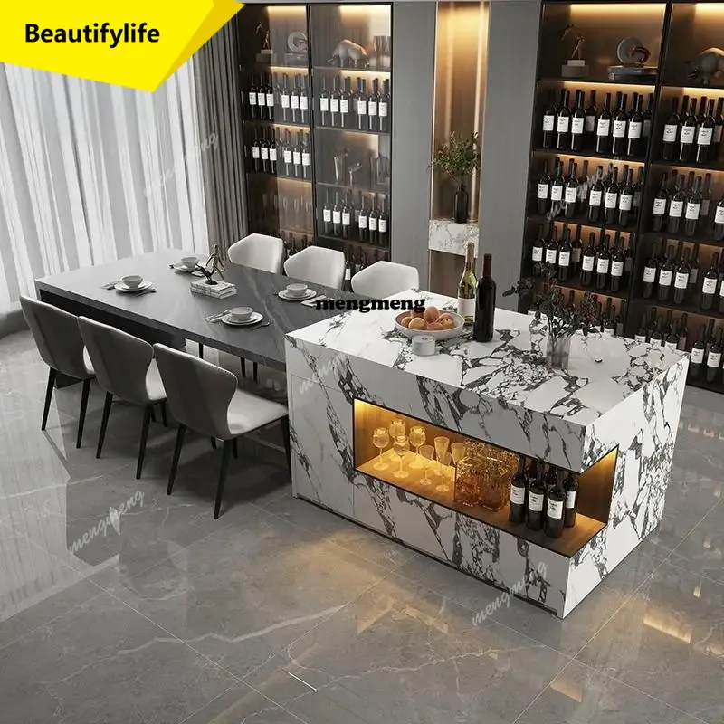 X188 Marble Kitchen Island with Wine Cooler & Storage, Built-in Refrigerator Cabinet, Natural Stone Countertop, Kitchen Furnitur