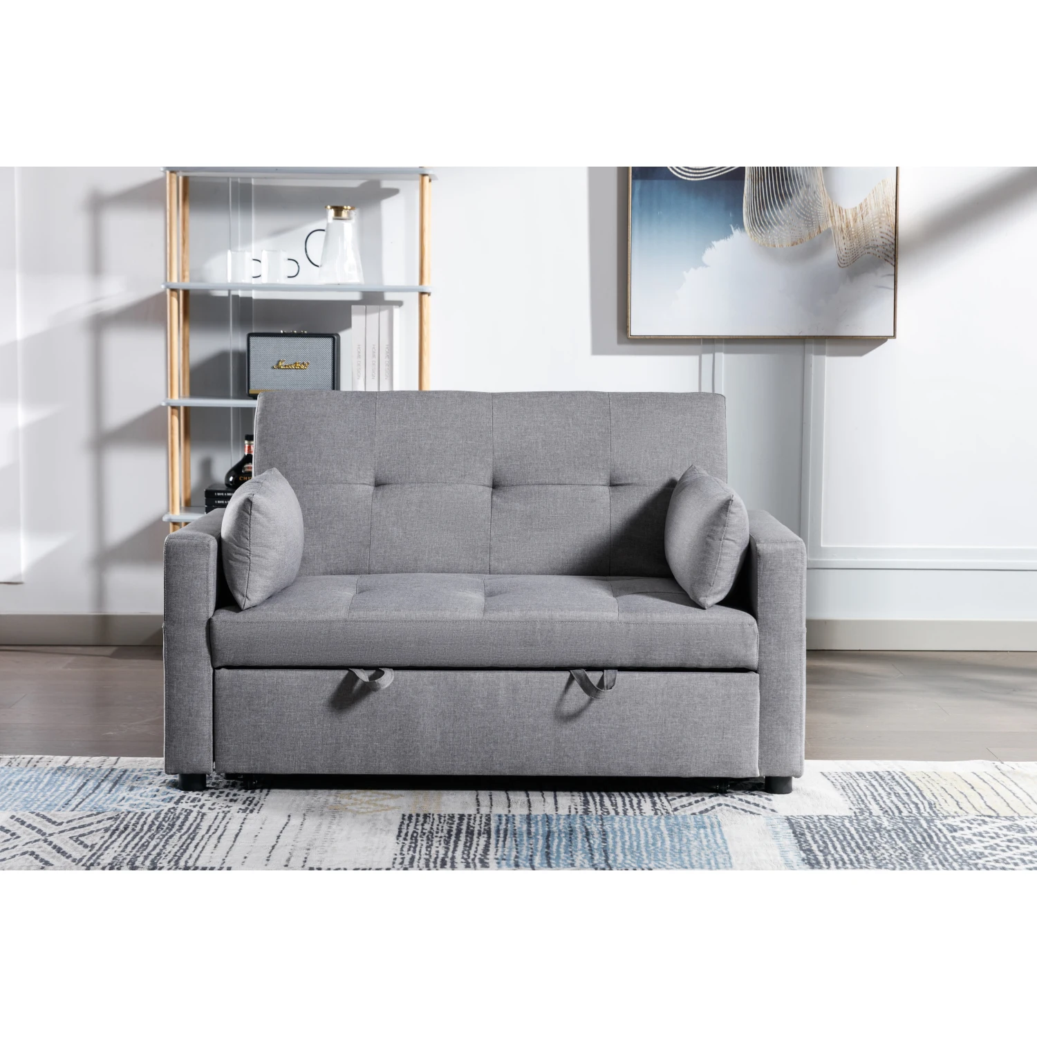 

Light Grey Linen Fabric Convertible Sleeper Loveseat with Side Pocket