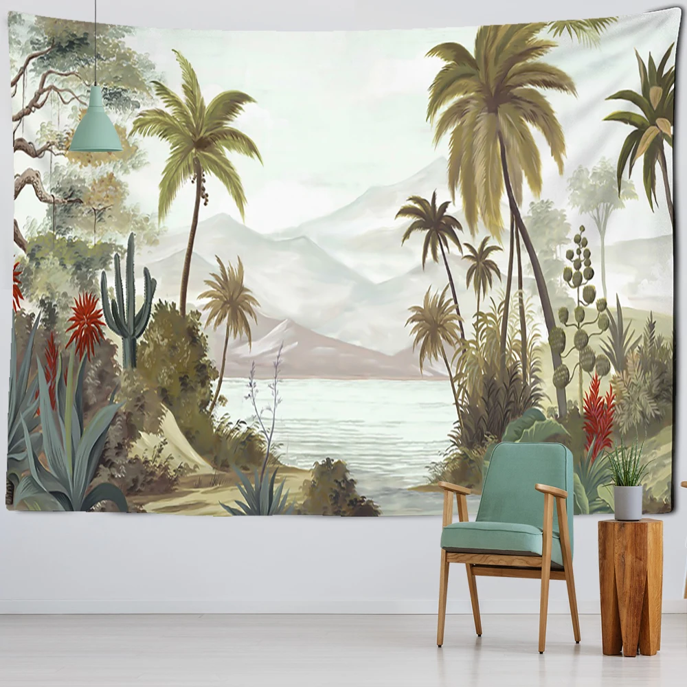 Red-Crowned Crane Retro Mural Tapestry Wall Hanging Bohemian Tropical Plant Tapiz Psychedelic Aesthetics Room Decor
