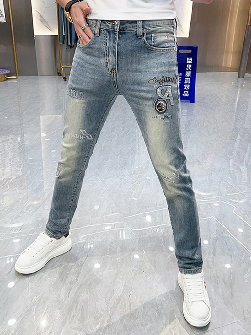 

Light Blue Men's Jeans Casual Letter Embroidery Rhinestone Spring Summer Slim Fit Straight Leg Jeans Youth Trendy Fashion