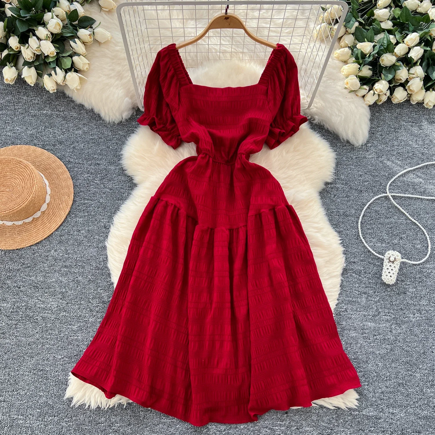 Chic Square Collar Vintage Short Puff Sleeve Elegant Pleated A-line Dresses French Fashion Evening High Street Summer Clothing