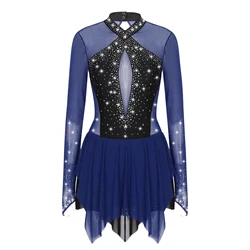 Womens Sparkling Rhinestones Artistic Skating Costume Gymnastics Ballet Lyrical Dance Dress Keyhole Back Long Sleeve Dresses