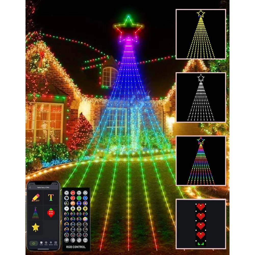 

Christmas Decorations Lights with Star, Smart DIY Custom Display 64 Modes Yard Waterfall Tree String Lights,Xmas Tree Lawn Decor