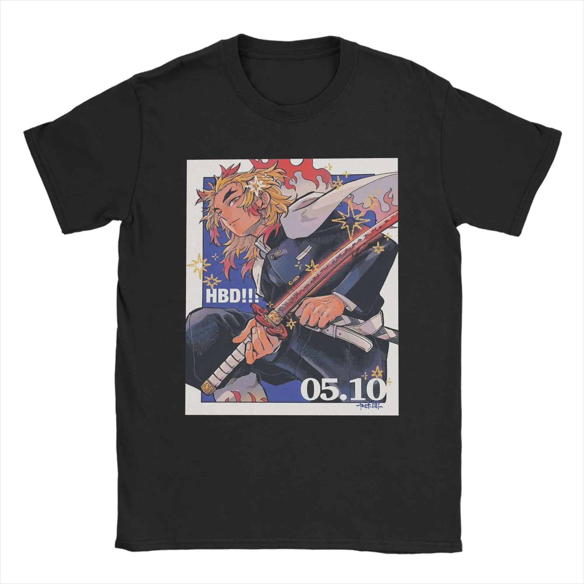 الرجال تي شيرت Rengoku الأزرق الفن شيطان القاتل أنيمي الجدة القطن تيز قصيرة الأكمام تي شيرت Crewneck الملابس هدية فكرة