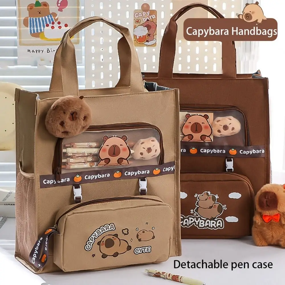 Capybara-bolsos ligeros de lona reutilizables, bolsos de mano de gran capacidad, útiles escolares con estuche para lápices