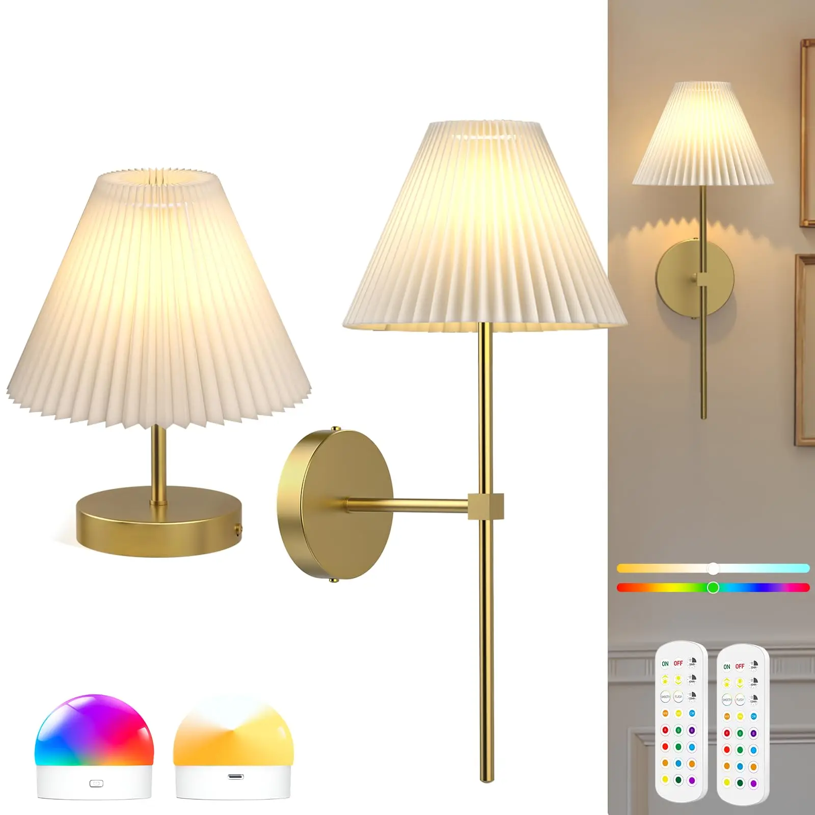 Battery Operated Wall Sconces Set of 2,Gold Rechargeable Wall Lights with Remote,3000mAh Dimmable 2 Timer Magnetic Bulbs