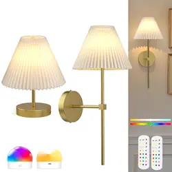 Battery Operated Wall Sconces Set of 2,Gold Rechargeable Wall Lights with Remote,3000mAh Dimmable 2 Timer Magnetic Bulbs