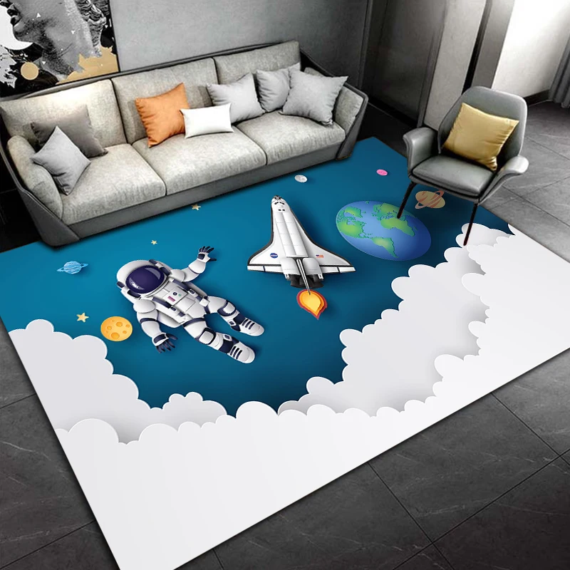 Cartoon Rocket Astronaut 3D Carpet Children's Room Space Floor Mat Teen Room Rug Living Room Cute Crawling Game Mat Bedside Rug