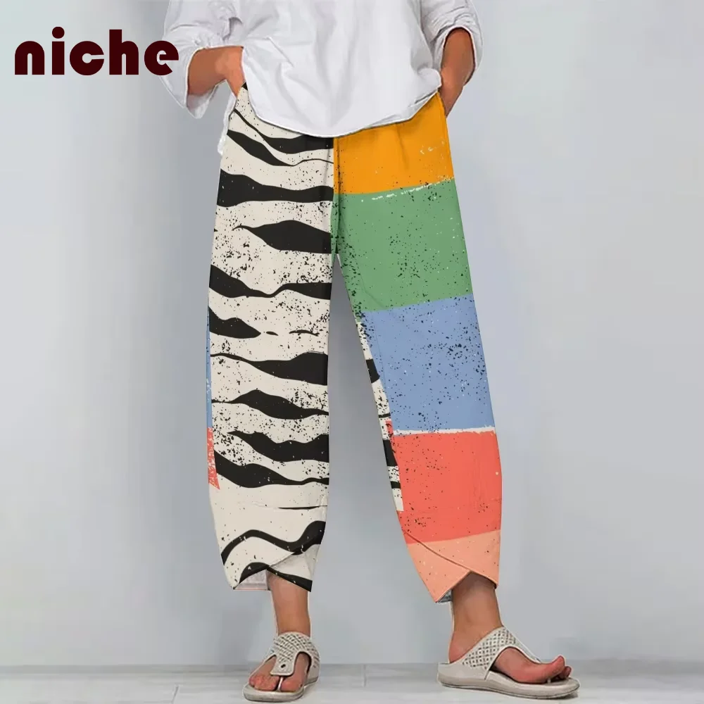 

Casual Ladies Beach Nine-Point Pants Color Splicing Graphic Printing High Quality Bamboo Hemp Fabric Soft New Wide-Leg Pants