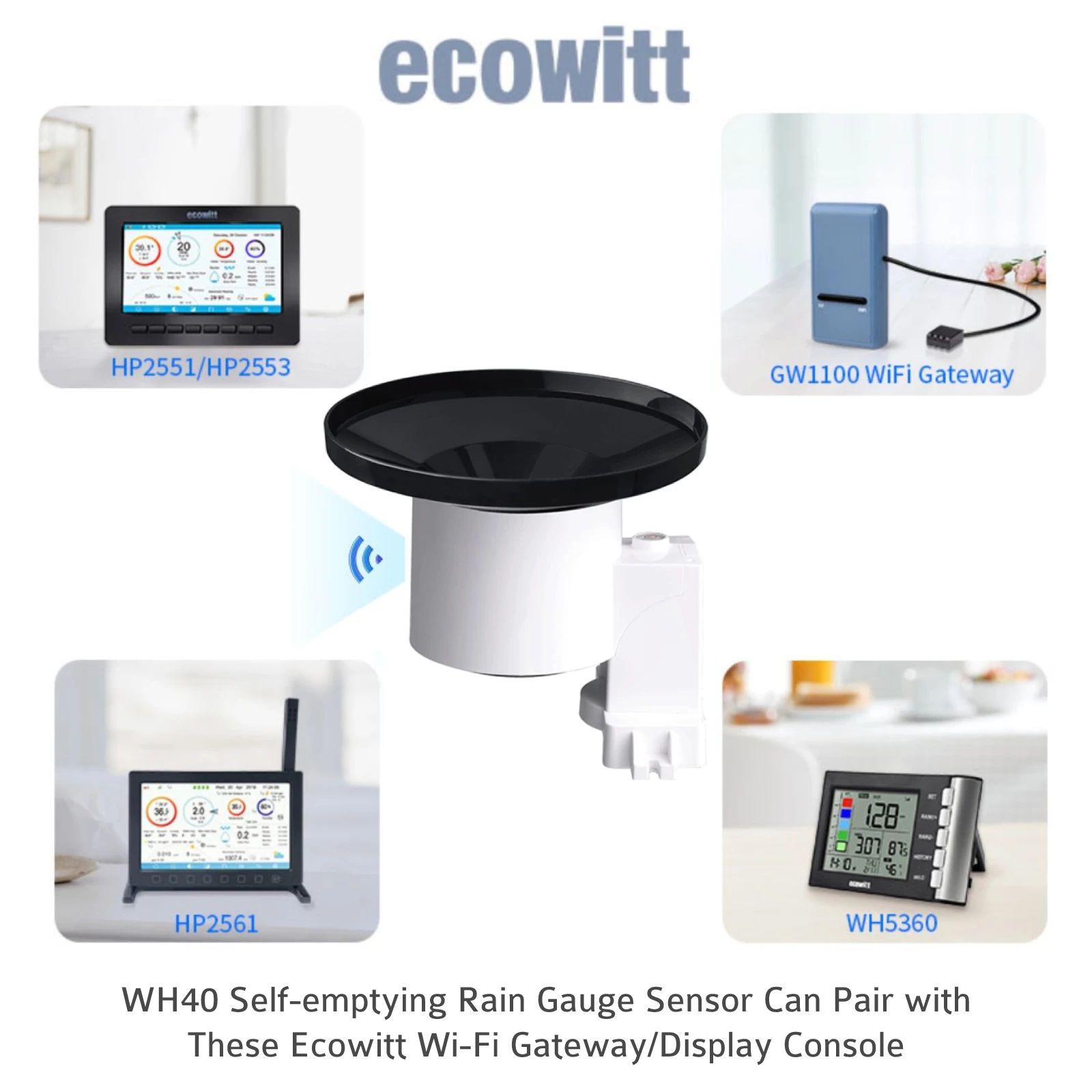 Ecowitt WH40 Regenmesser-Sensor, kabelloser, selbstentleerender Regensammler, Regensensor für den Außenbereich, nur für Hausgarten-Zubehör