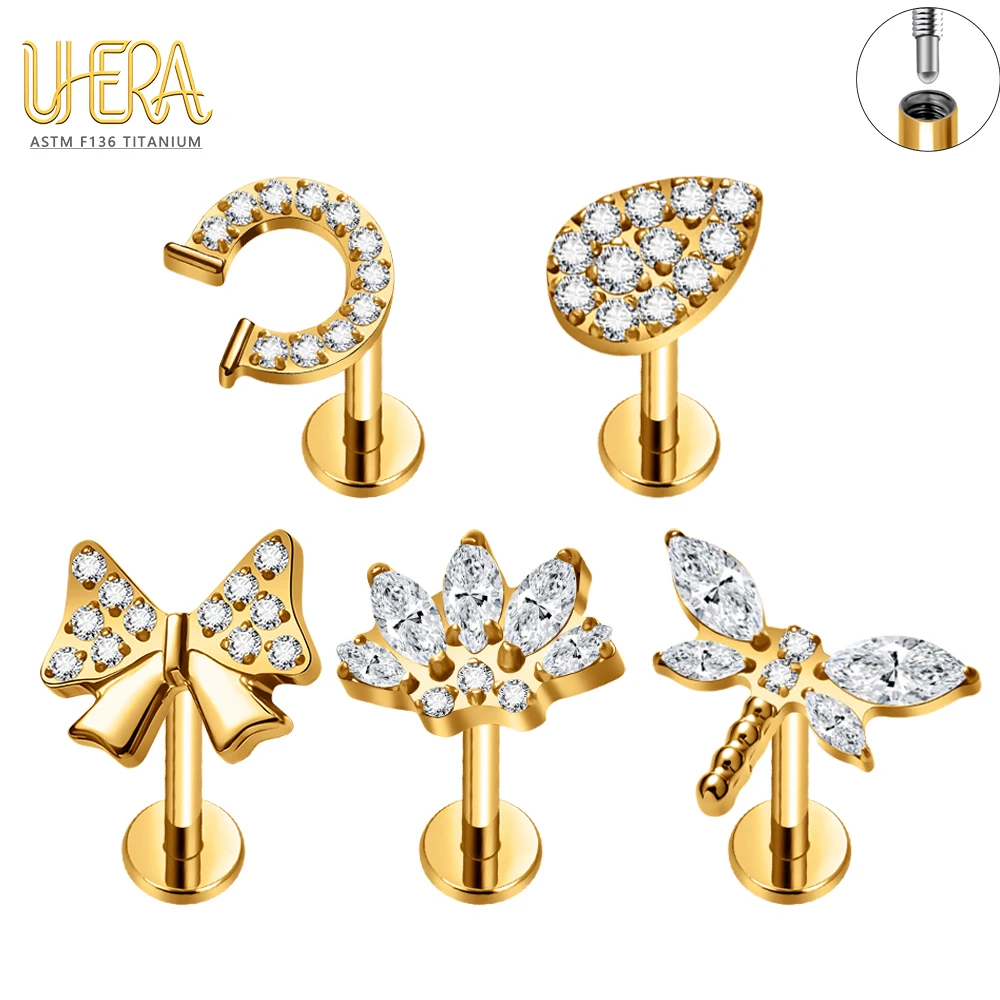 ASTM F136 G23 Titanium Piercing Labret Stud Internal Thread 16G CZ Butterfly Flower Cartilage Helix Tragus Piercing Jewelry 18G