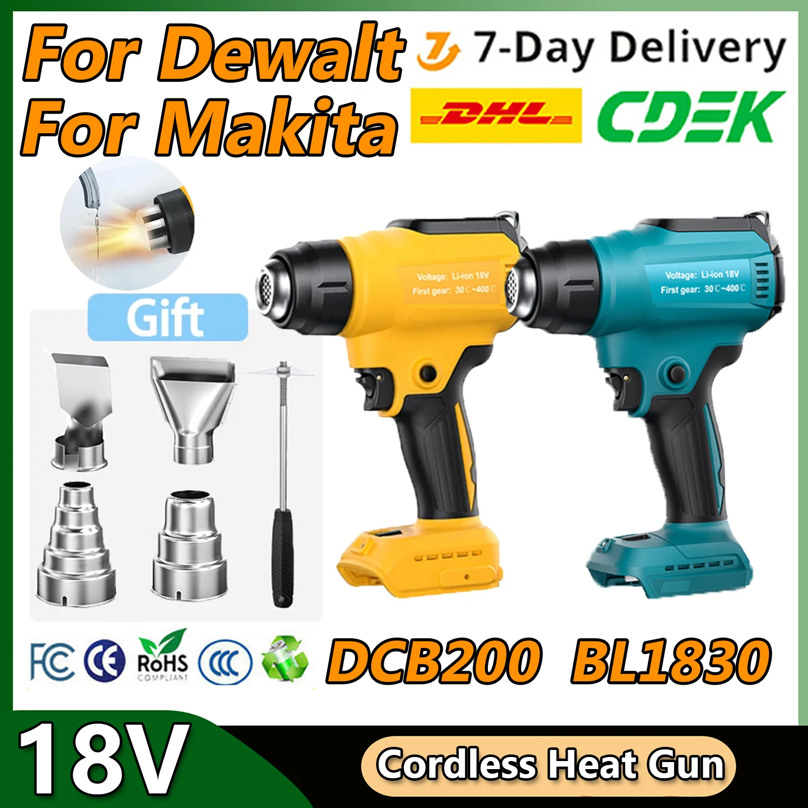 Cordless Heat Gun For Makita 18v Battery For Dewalt 20v Battery Adjustable Temperature 122℉-1022℉ Tool Battery Heat Gun