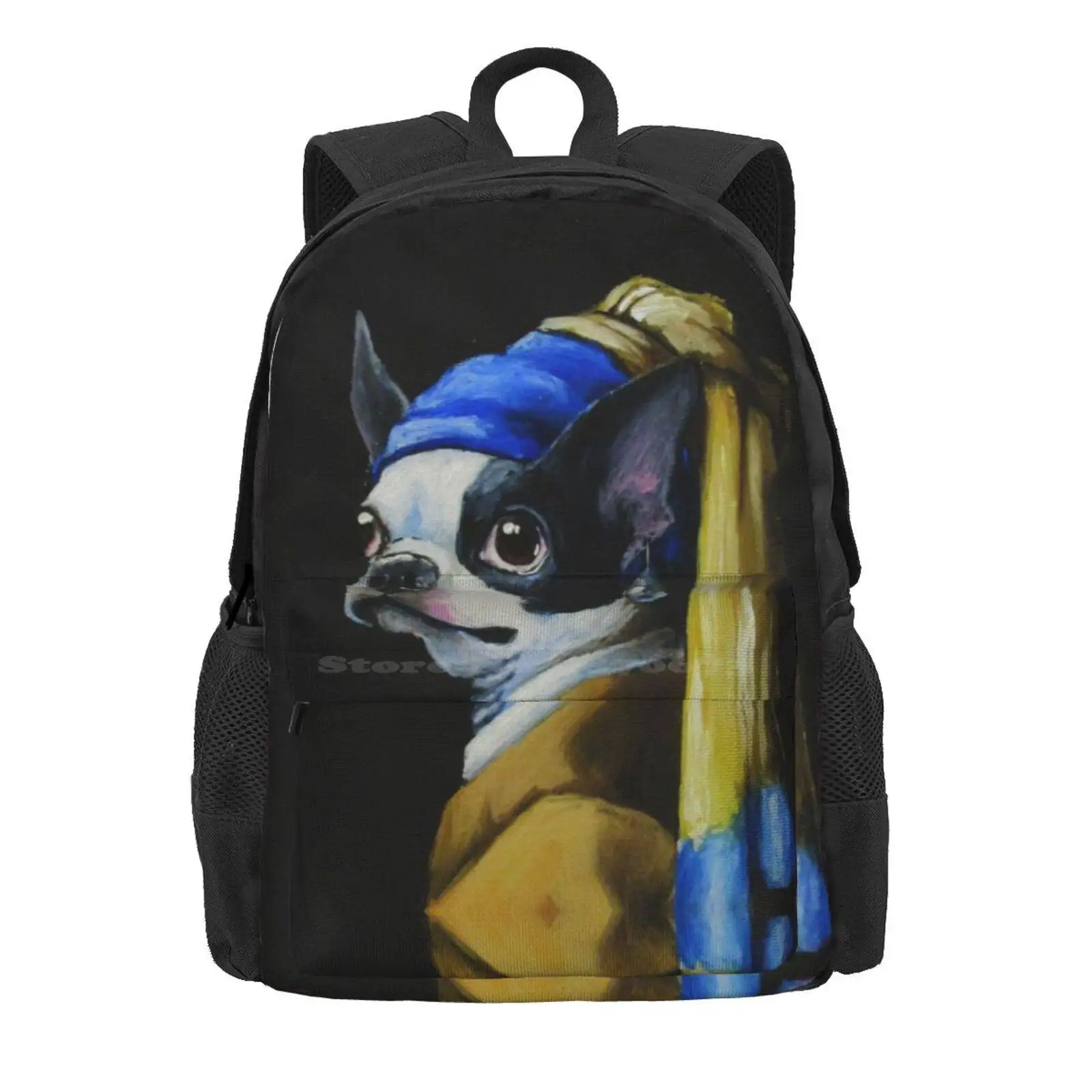 With A Pearl Earring Hot Sale Schoolbag Backpack Fashion Bags Vermeer Whimsical Silly Girl With A Pearl Earring Boston Terrier