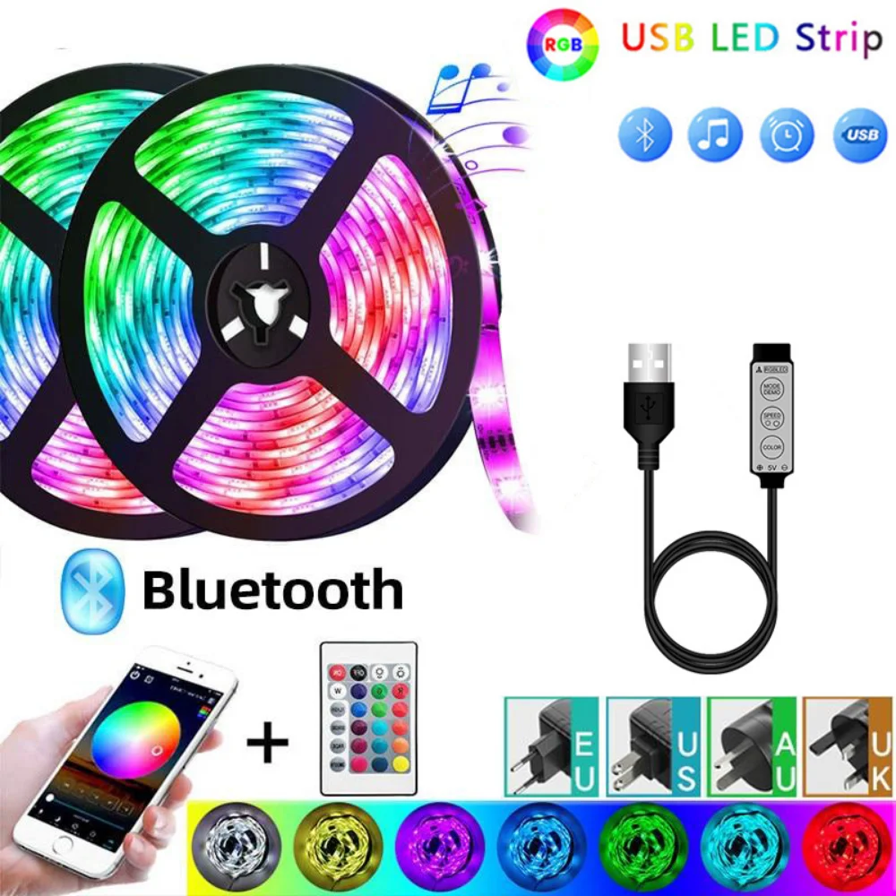 RGB 5050 Led Strip Light Bluetooth App Control 5V USB Led Tape Flexible Ribbon Diode Tape for TV Backlight Room Decoration 30M