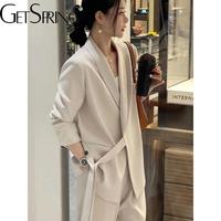 GetSpring Women Pant Suits 2025 Spring Autumn Elegant Lace Up Blazer Coat High Waist Loose Long Wide Leg Pants Two Pieces Sets