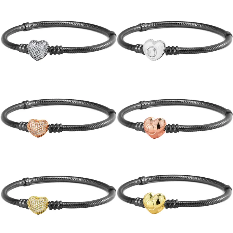 

Real Sparkling Love Heart Clasp Oxidised Snake Chain 925 Sterling Silver Bracelet Fit Europe Bangle Bead Charm Diy Jewelry