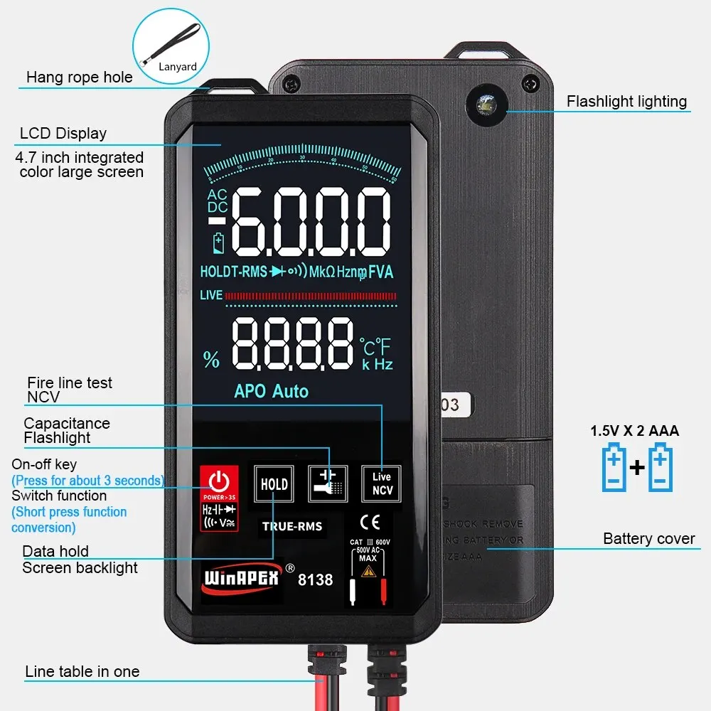 WinAPEX Touch Screen 6000 Counts True RMS Digital Multimeter Automatic Measure Voltage Live Wire NCV Frequency Tester