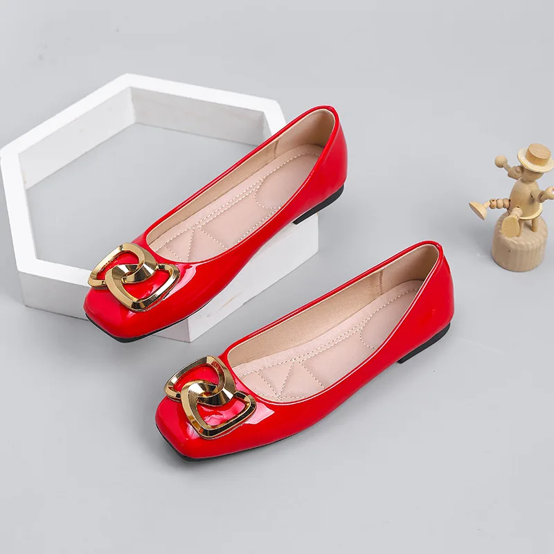 Purcoral Women Patent Leather 2026 Square Toe Flats Metal Buckle Decor Slip On Soft Sole Office Daily Ballet Shoes
