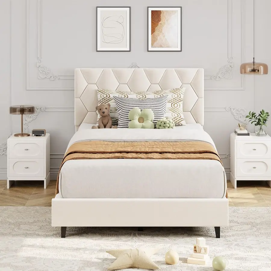 

Beige Twin Upholstered Bed Frame, HeavyDuty Platform Bed Frame with Upholstered Headboard amp Strong Wood Slats, No Box Spring