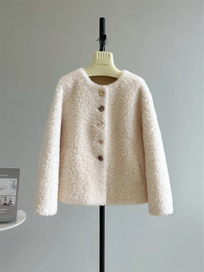 سترة نسائية للخريف والشتاء أنيقة من الصوف برقبة دائرية وأكمام طويلة سترة فضفاضة للسيدات أنيقة واحدة الصدر من الصوف والفرو ملابس خارجية #4