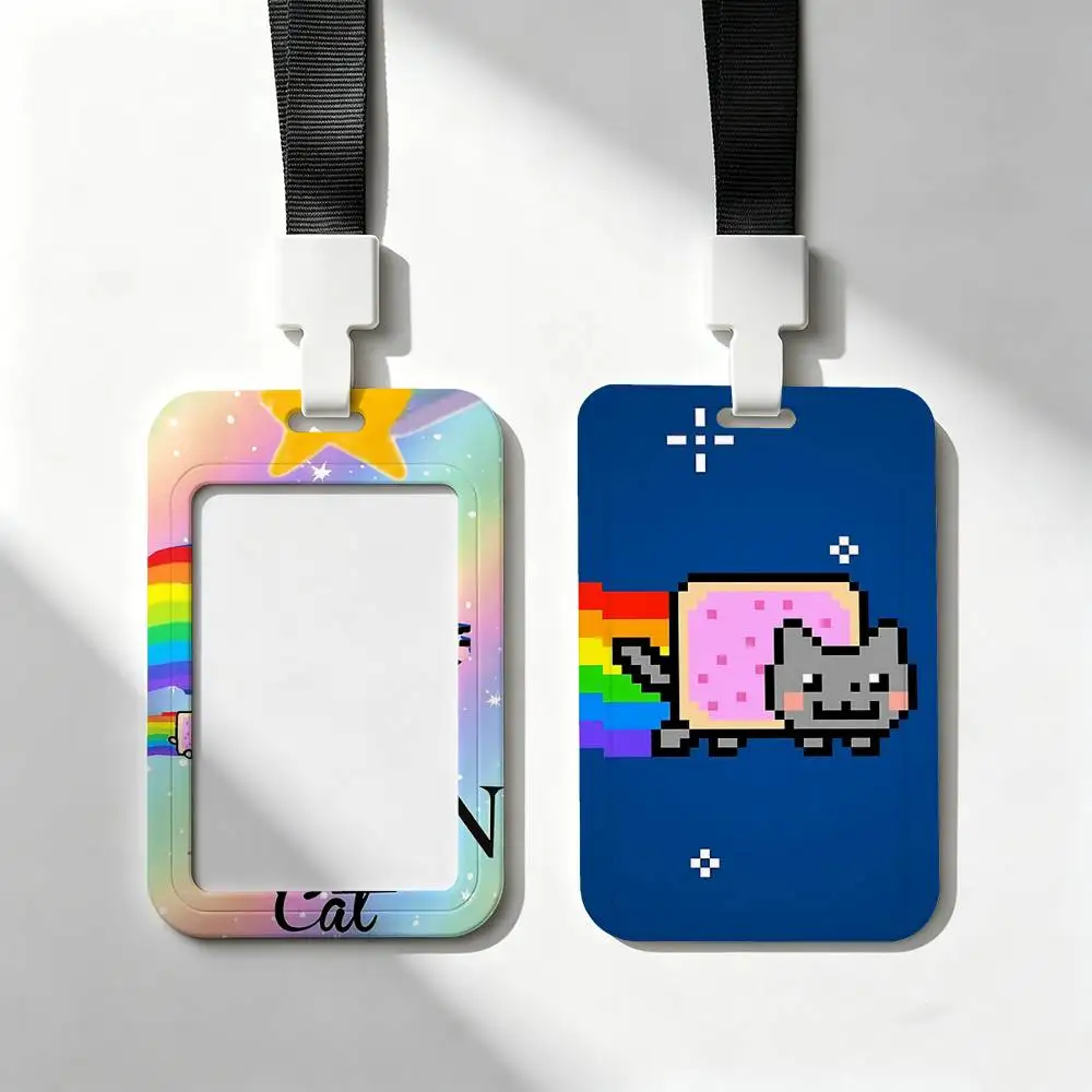 Cute N-Nyan Cat Card Holder Neck Strap Pendant Door Badge Holder Lanyards Keychain Work Credential Case Gift