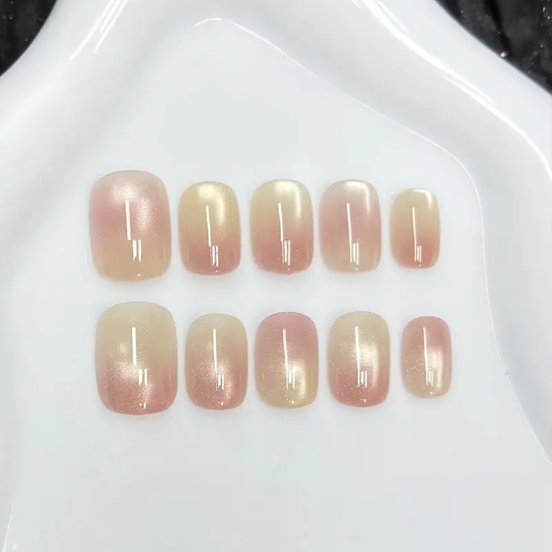 10Pcs Pink Peach Gradient Press on Nails Short Oval and Middle Almond Shape Cat Eye False Nails Nail Art Gradient Removable Nail