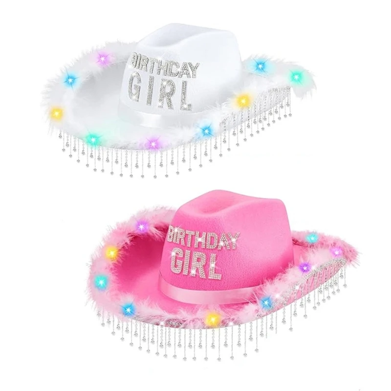 50JB Unisex Birthday Cowgirl Hat with Glittering Tassels and Colorful Flashing Light Furry Trim Cowgirl Hat for Festival