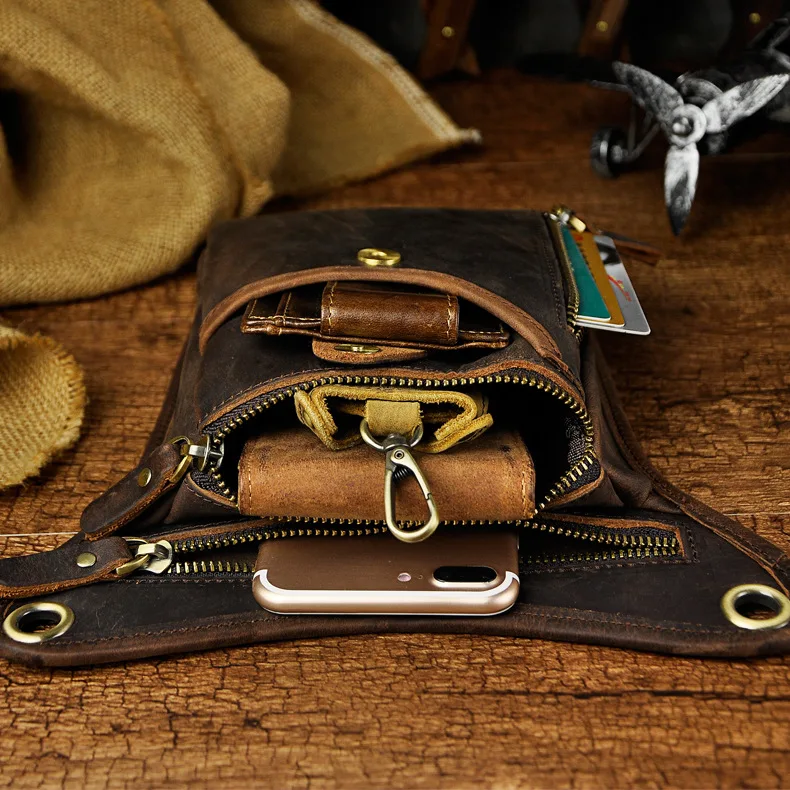 Genuine Waxed Leather Retro Trendy Men Waist Leg Bag 8 Inch Storage Pocket For Cell Phone Camera Outdoor Sports Fanny Pack