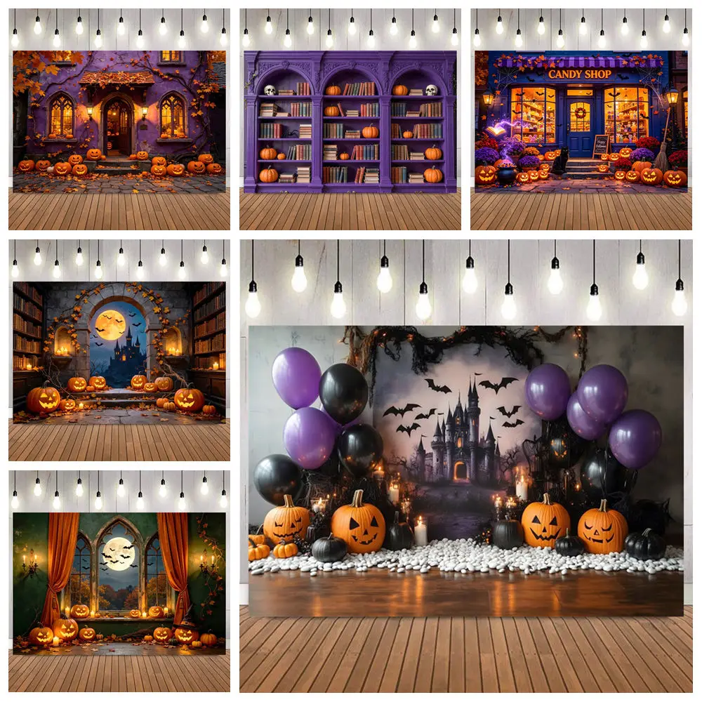 Halloween Photography Background Night Medieval Gothic Room Window Pumpkin Light Aldult Halloween Portrait Photo Backdrop Decor