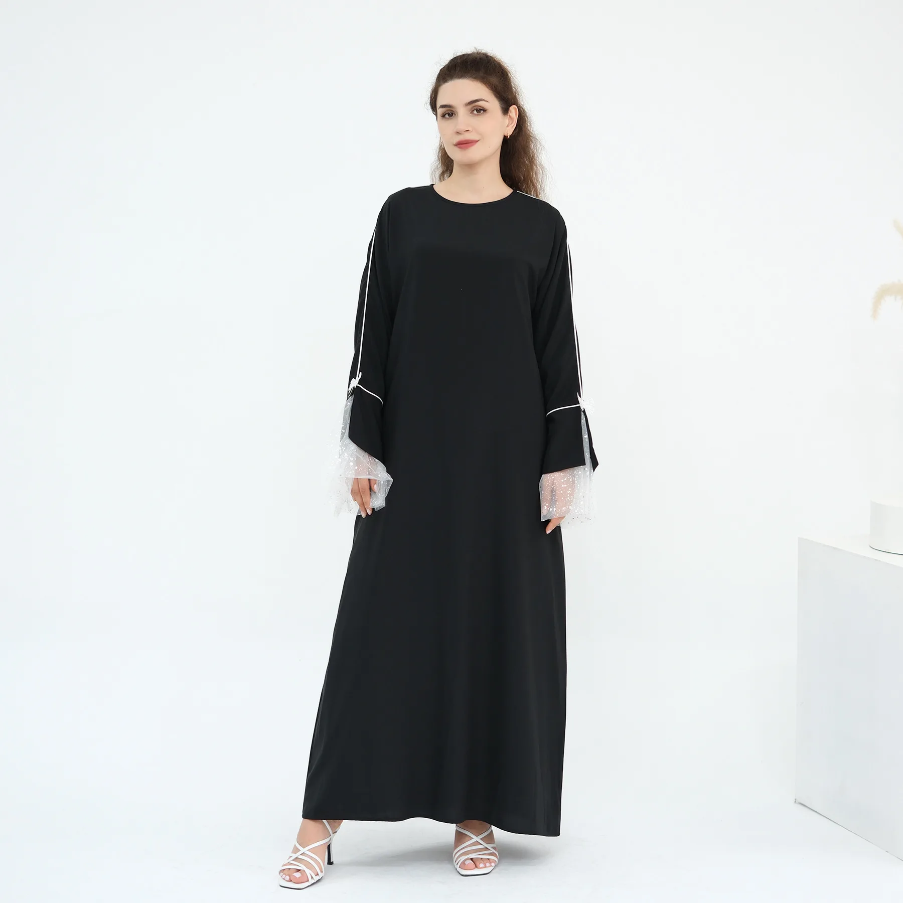 

Ид Черное Роскошное Мусульманское Открытое Абая Кружевное Лоскутное Повседневное Платье С Оборками Рукавами Кафтан Халат Рамадан Дубай Турецкие Абая для Женщин