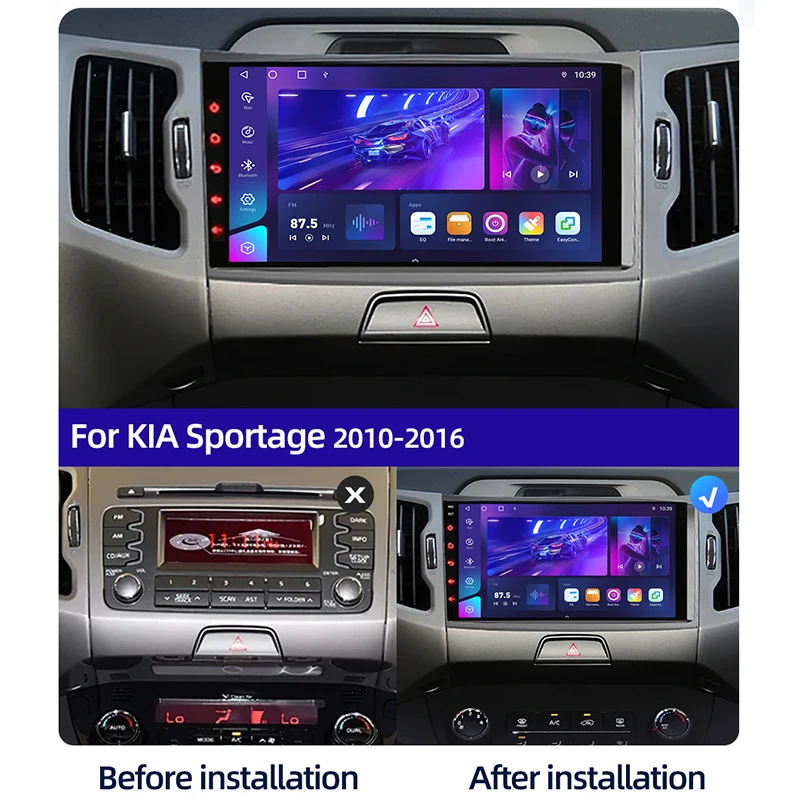 2026 model 2Din car radio, compatible withSportage 2010-2016. Features Snapdragon Android 15 system, supports CarPlay and Auto.