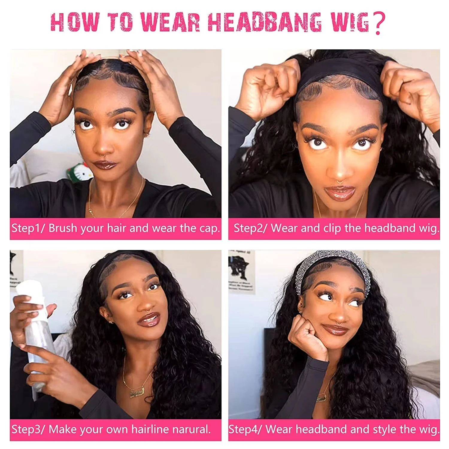 Wig Headband Water Wave Wig Sintetis untuk Wanita Kulit Hitam Wig Keriting dengan Headband Terpasang Wig Setengah Hitam Tanpa Lem Tahan Panas