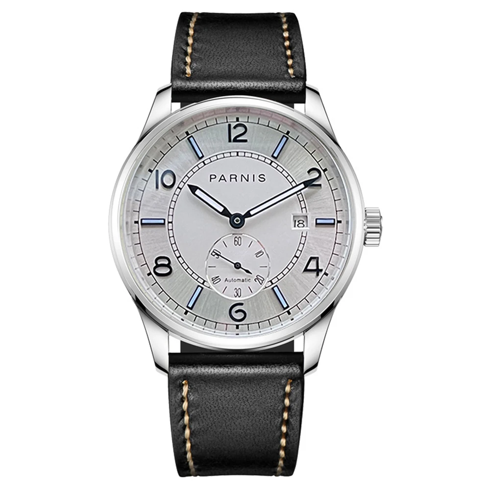 

2024 New Parnis 41.5MM White Dial Automatic Mechanical Men's Watches Leather Strap Calendar Blue Hands Men Watch reloj hombre