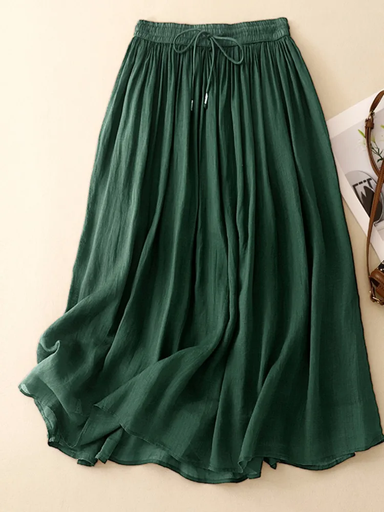 Elegant Hemp Half Skirt Women's Summer Double Layer Draped  Color Casual Midi Fairy Skirt Comfortable Cotton mid Waist