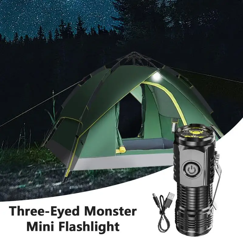 Three-Eyed Mini Flashlight Strong Light Super Power Type-C Rechargeable Flashlight Long-Range Powerful Outdoor Lighting